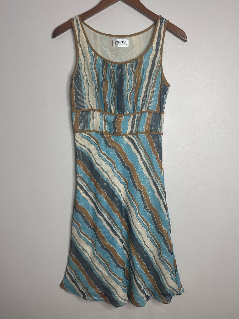 Ports International Y2K 100% Silk Abstract Metallic Sleeveless Dress Blue Tan 4